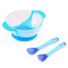 OH Baby Suction Cup Bowl Slip-resistant Tableware Temperature Sensing Spoon Set Blue - Intl