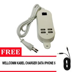 USB Dekstop Charger 3A - 4 Port - Putih + Gratis Kabel Charger Data Flat Iphone 5