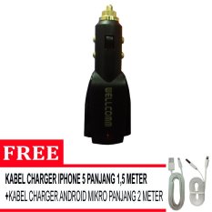 Wellcomm Dual Connector Car Charger 3.1A + Gratis Kabel Charger Iphone 5/5s Panjang 1,5 meter + Kabel Mikro Panjang 2 Meter - Hitam