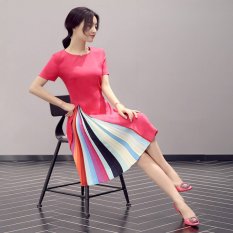 Woman European Red leg summer Korean Knee-Length slim retro short sleeved dress Ladies Pleated dress (Intl)
