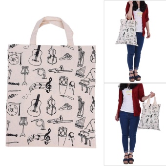 Gambar Cartoon Muscial Instruments Patterns Washable Cotton Cloth HandbagMusic Tote Shoulder Grocery Shopping Bag for Students Girls   intl
