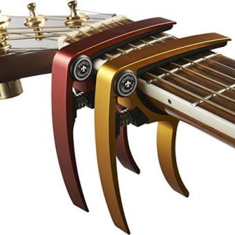 Gambar Guitar Capo (2 Pack) for Guitars, Ukulele, Banjo, Mandolin, Bass   Made of Ultra Lightweight Aluminum Metal (1.2 oz!) for 6   12 String Instruments   Nordic Essentials, (Red + Gold)