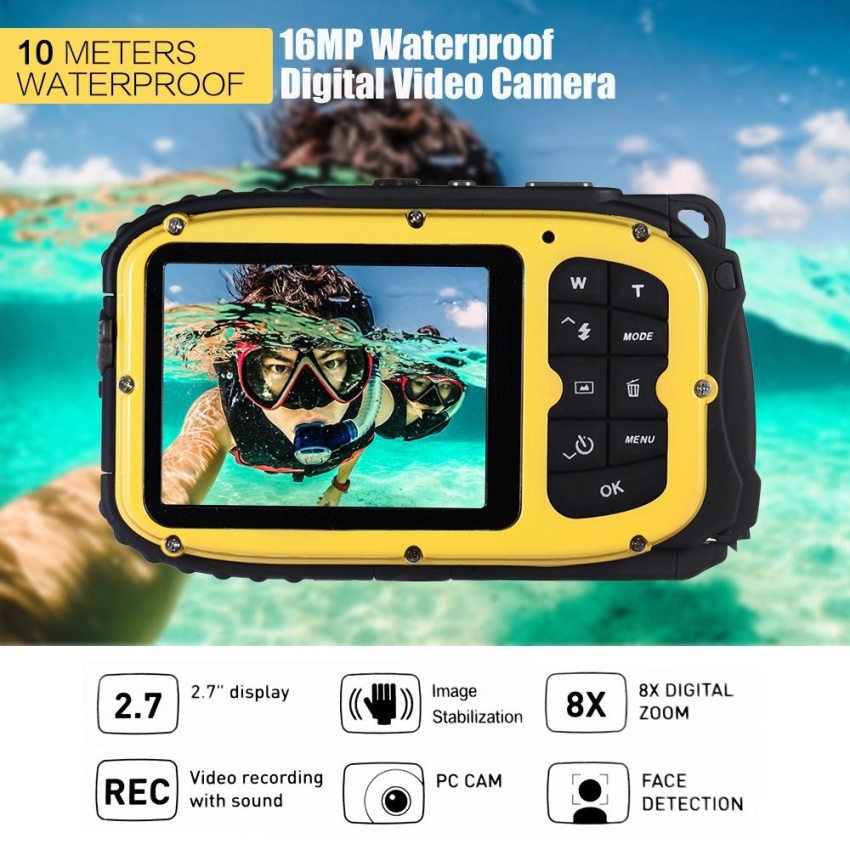 16MP 2.7" LCD Waterproof Digital Video Camera Mini Camcorder DV Underwater Max 10M Diving 8X Digital Zooming Face Detection Yellow - intl  