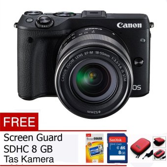 Canon EOS M3 24.2 MP Digital Camera with EF-M 15-45mm F3.5-5.6 IS STM Lens Black Free Memory Card, Screen Guard, dan Tas Camera  