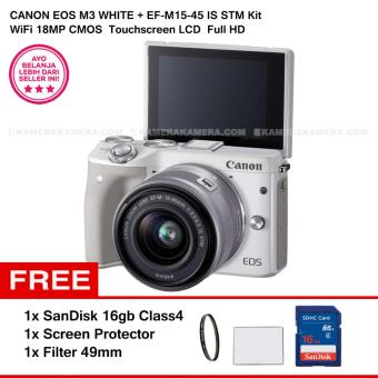 CANON EOS M3 + EF-M15-45 IS STM KIT (WHITE) 24.2MP WiFi Touchscreen LCD + SanDisk 16gb + Screen Protector + Filter 49mm  
