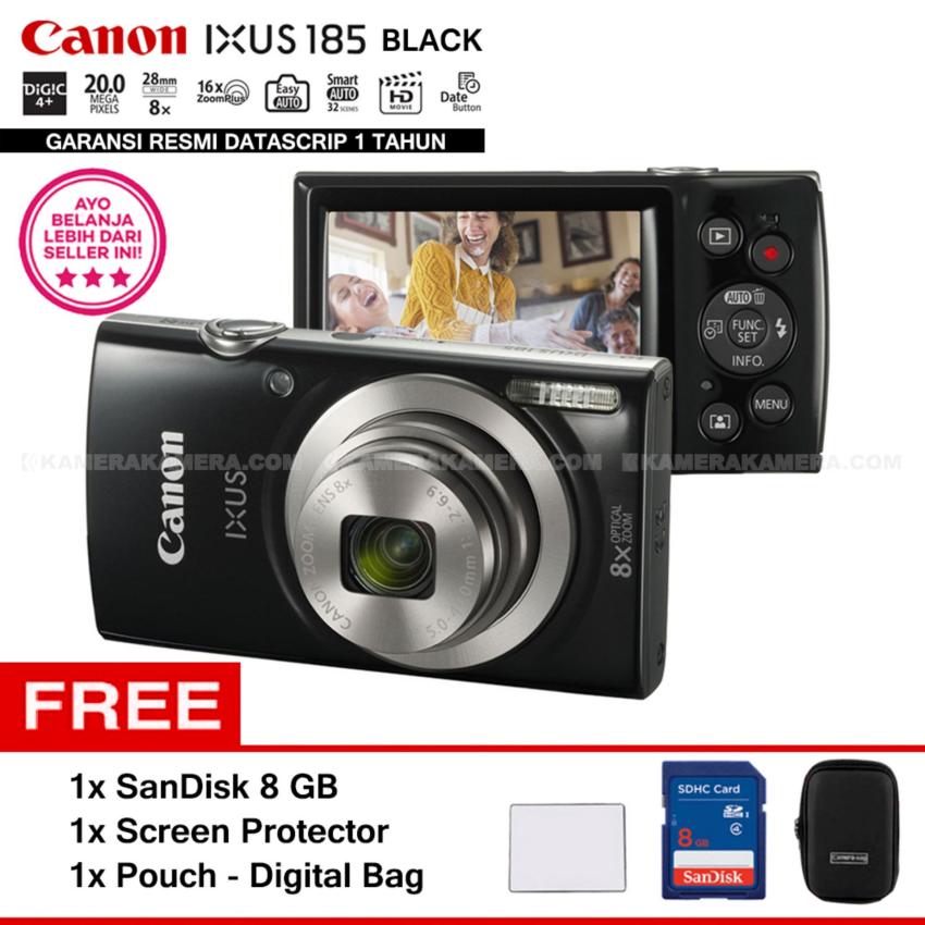 image: Canon IXUS 185 BLACK - Pocket Camera 20 MP 28mm Wide 8x Optical Zoom (Resmi Datascrip) + SanDisk 8 GB + Screen Protector + Pouch