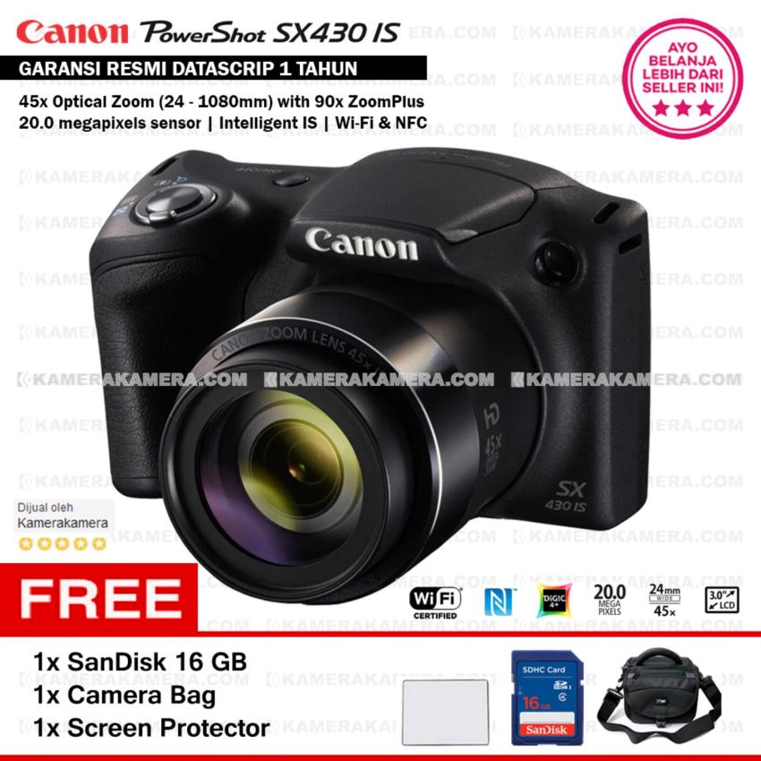 Canon PowerShot SX430 IS - WiFi 20MP 45x Optical Zoom (Resmi) + SanDisk 16gb + Screen Protector + Bag  