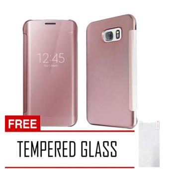 Gambar Case Samsung Galaxy S7 Edge Flipcase Flip Mirror Cover S ViewTransparan Auto Lock Casing Hp   Rose Gold + Free Tempered Glass