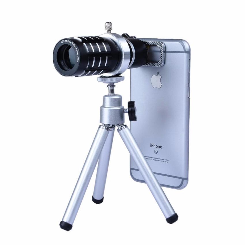 Gambar Fosoto 12X Optical Phone Camera Lens with Tripod, Hizek ManualFocus Telescope Zoom Kit with Cellphone Stand Sliver+Tripod   intl
