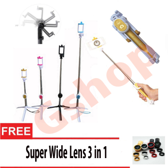 Gambar Gshop Tongsis 3 in 1 Selfie Stick Built In Bluetooth Tripod Gold +Lensa SuperWide 3 in 1