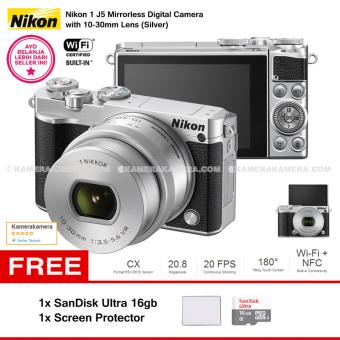 NIKON 1 J5 (SILVER) WiFi 4K Mirrorless Camera VR 10-30mm Lens + MicroSD SanDisk Ultra 16gb + Screen Protector  