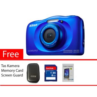 Nikon Coolpix W100 Waterproof Blue Free Memory Card, Screen Guard, Tas Kamera  
