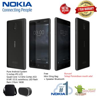Nokia 3 Black 2/16GB - 5inch - 8MP Camera - Dual Simcard 4G LTE - Android Nouggat Garansi Resmi Free Mini Slingbag + Speaker Bluetooth  