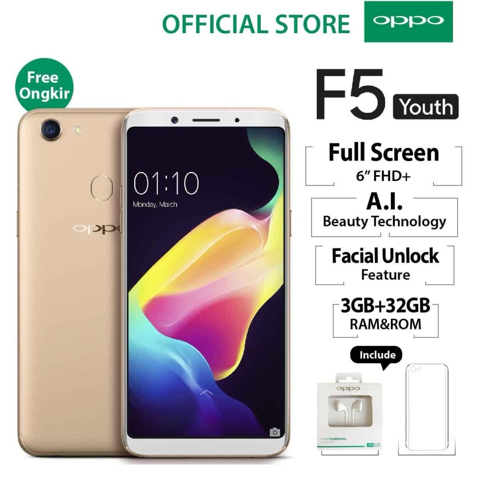 Oppo F5 Youth 3GB/32GB Gold – Smartphone Full Screen 6” FHD+ (Garansi Resmi Oppo Indonesia, Cicilan Tanpa Kartu Kredit, Free Ongkir)