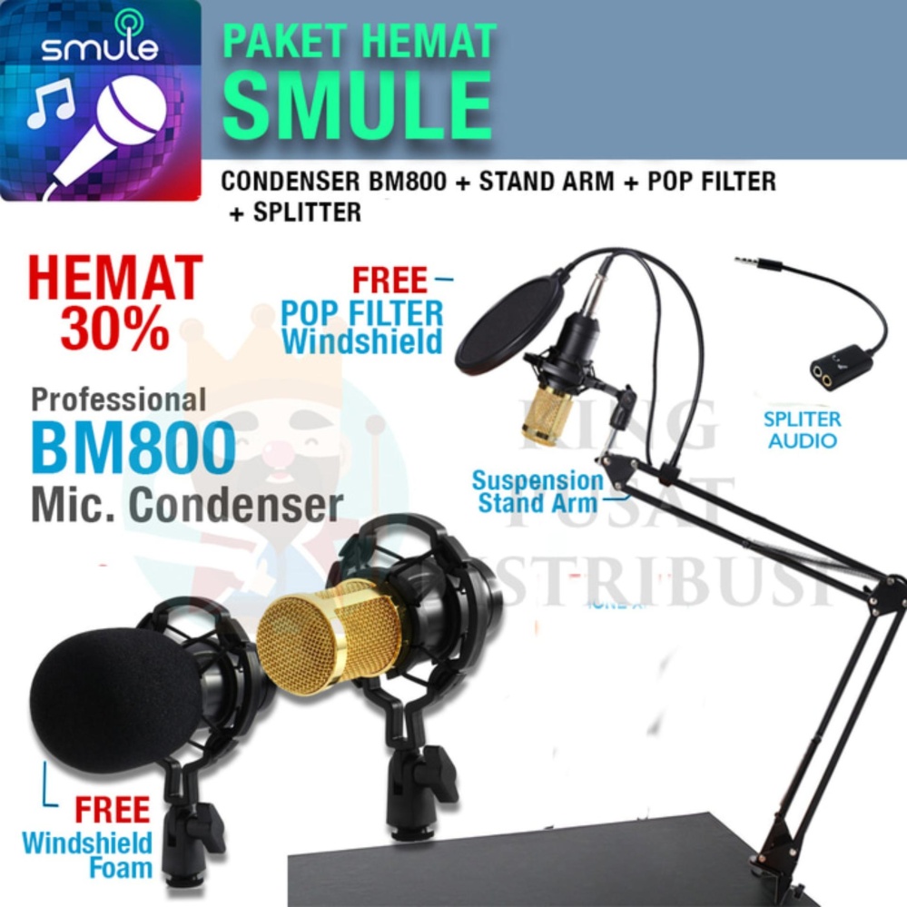 Paket SMULE PROFFESIONAL 2 Microphone BM800 + Stand Gantung + Pop Filter + Splitter
