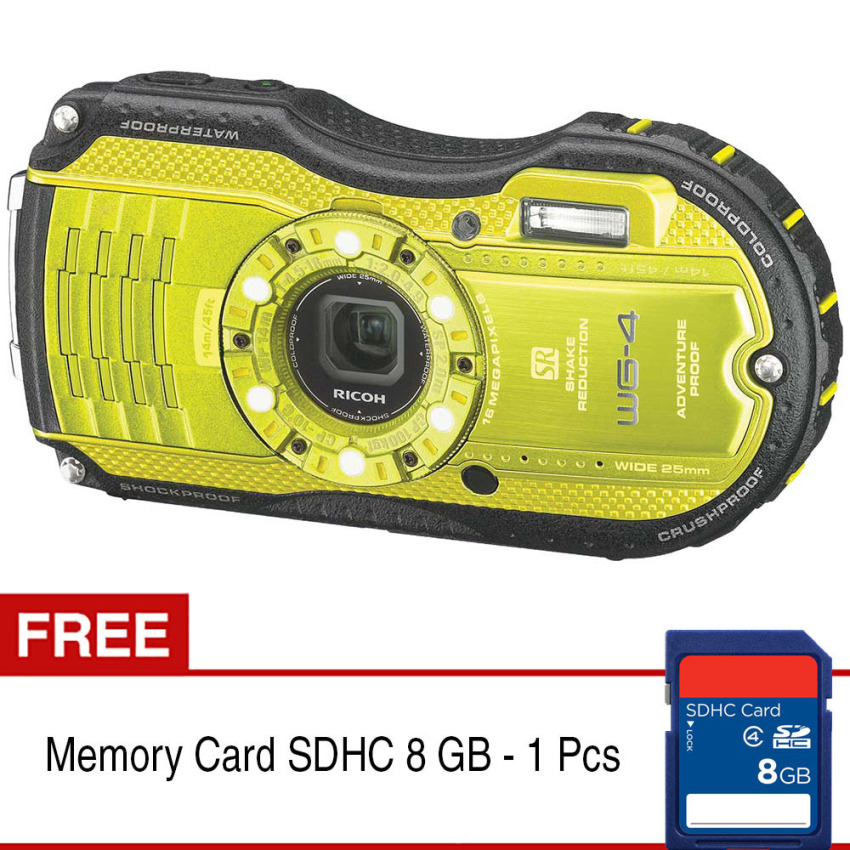 Ricoh WG-4 Digital Camera - 16MP - 4x Optical Zoom - Kuning + Gratis SDHC 8 GB  