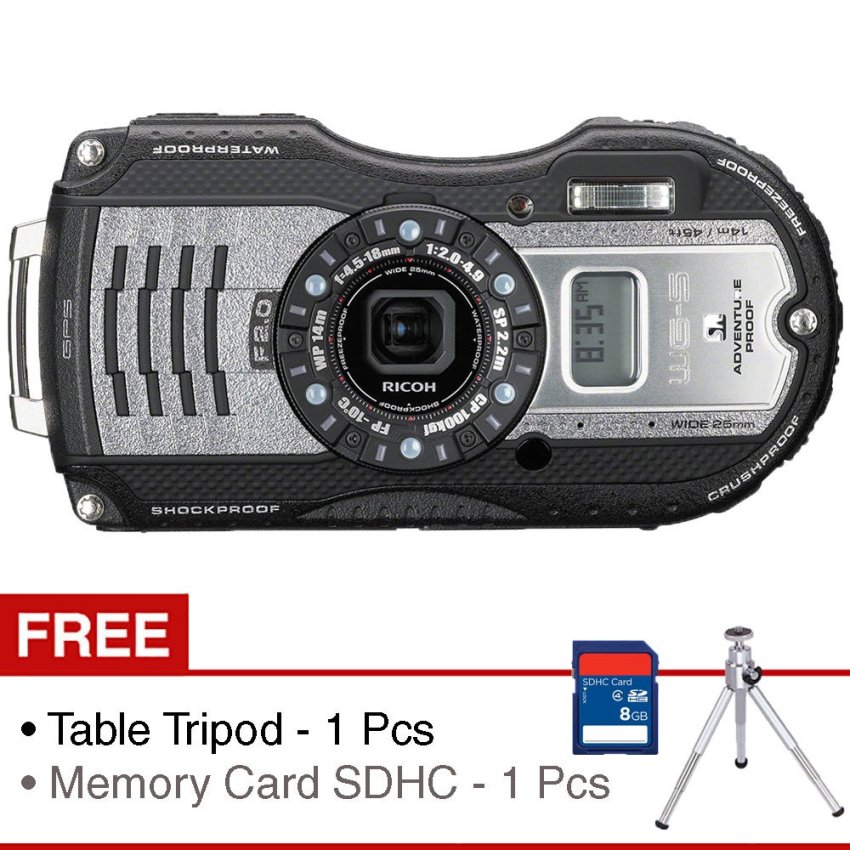 Ricoh WG-5 GPS Digital Camera - 16MP - 4x Optical Zoom - Gun Metal + Table Tripod WT 060 & SDHC 8 GB  