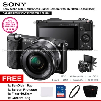 SONY Alpha 5000 Black with 16-50mm Lens Mirrorless Camera a5000 - WiFi 20.1MP Full HD (Resmi Sony) + SanDisk 16gb + Screen Guard + Filter 40.5mm + Camera Bag  