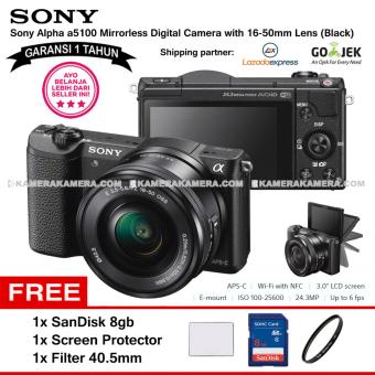 SONY Alpha 5100 Black with 16-50mm Lens Mirrorless Camera a5100 - WiFi 24.3MP Full HD (Garansi 1th) + SanDisk 8gb + Screen Guard + Filter 40.5mm  