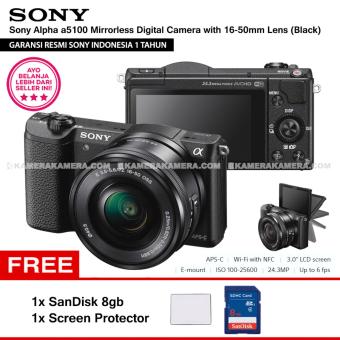 SONY Alpha 5100 Black with 16-50mm Lens Mirrorless Camera a5100 - WiFi 24.3MP Full HD (Resmi Sony) + SanDisk 8gb + Screen Guard  