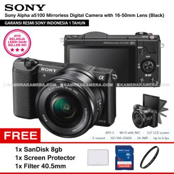 SONY Alpha 5100 Black with 16-50mm Lens Mirrorless Camera a5100 - WiFi 24.3MP Full HD (Resmi Sony) + SanDisk 8gb + Screen Guard + Filter 40.5mm  