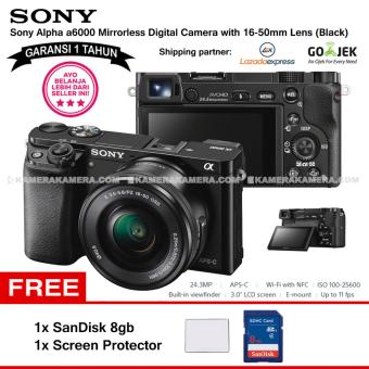 SONY Alpha 6000 Black with 16-50mm Lens Mirrorless Camera a6000 - WiFi 24.3MP Full HD (Garansi 1th) + SanDisk 8gb + Screen Guard  