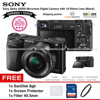 SONY Alpha 6000 Black with 16-50mm Lens Mirrorless Camera a6000 - WiFi 24.3MP Full HD (Garansi 1th) + SanDisk 8gb + Screen Guard + Filter 40.5mm  