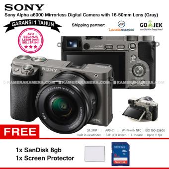 SONY Alpha 6000 Gray with 16-50mm Lens Mirrorless Camera a6000 - WiFi 24.3MP Full HD (Garansi 1th) + SanDisk 8gb + Screen Guard  