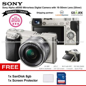 SONY Alpha 6000 Silver with 16-50mm Lens Mirrorless Camera a6000 - WiFi 24.3MP Full HD (Garansi 1th) + SanDisk 8gb + Screen Guard  