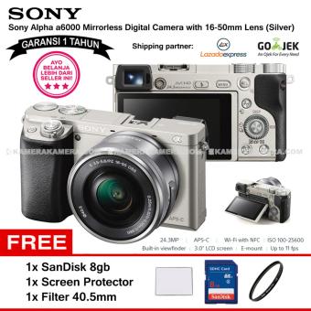 SONY Alpha 6000 Silver with 16-50mm Lens Mirrorless Camera a6000 - WiFi 24.3MP Full HD (Garansi 1th) + SanDisk 8gb + Screen Guard + Filter 40.5mm  