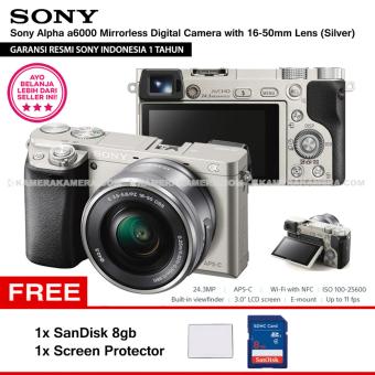 SONY Alpha 6000 Silver with 16-50mm Lens Mirrorless Camera a6000 - WiFi 24.3MP Full HD (Resmi Sony) + SanDisk 8gb + Screen Guard  