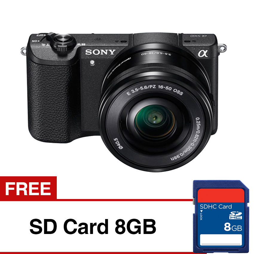 image:                  Sony Alpha a5100 Kamera Digital Mirrorless - Lensa 16-50mm - 24.3 MP - Hitam + Gratis SD Card 8GB                              
