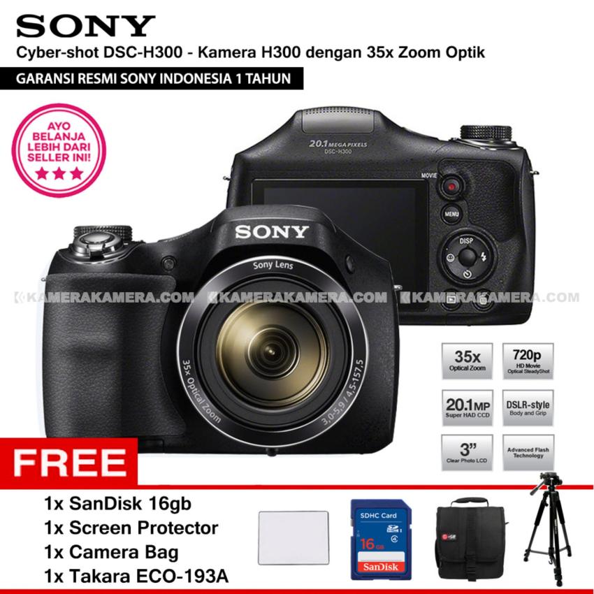 SONY Cyber-shot DSC-H300 Digital Camera H300 (Resmi Sony) 20.1MP 35x Zoom + SanDisk 16gb + Screen Protector + Camera Bag + Takara ECO-193A  