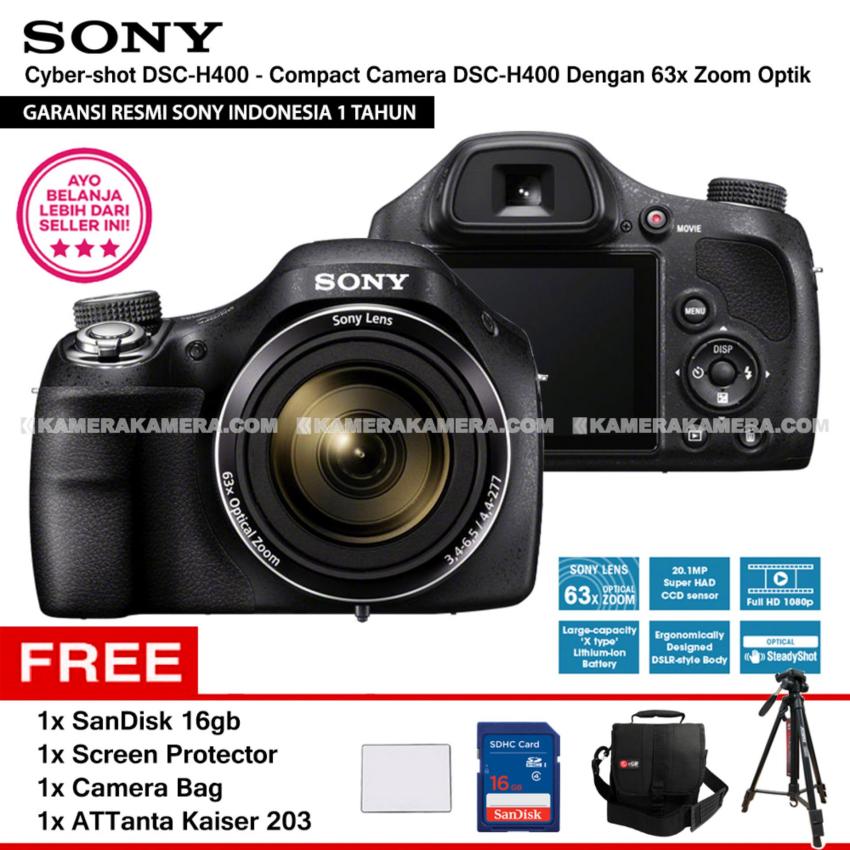 SONY Cyber-shot DSC-H400 - Compact Camera H400 63x Optical Zoom (Resmi Sony) + SanDisk 16gb + Screen Protector + Camera Bag + ATTanta Kaiser 203  