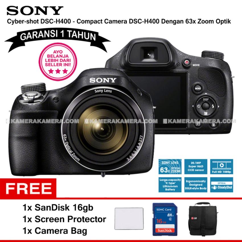 SONY Cyber-shot DSC-H400 (Garansi 1th) - Compact Camera H400 63x Optical Zoom + SanDisk 16gb + Screen Protector + Camera Bag  
