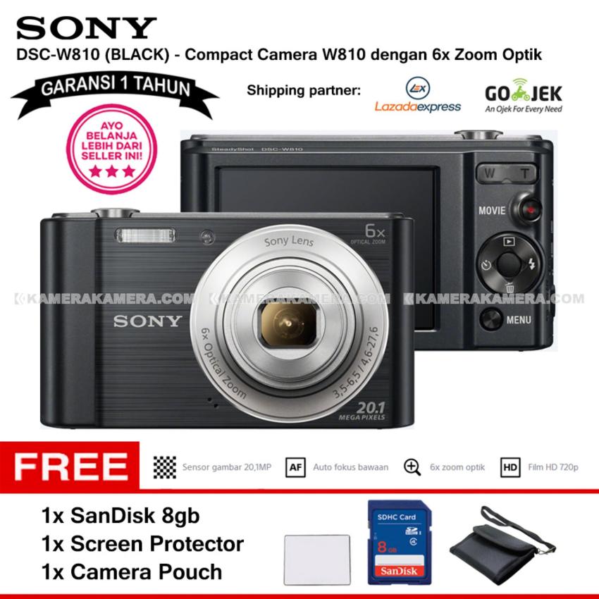 SONY Cyber-shot DSC-W810 Compact Camera W810 (BLACK) 20.1 MP 6x Optical Zoom HD Movie 720p - Garansi 1th + SanDisk 8gb + Screen Protector + Camera Pouch  