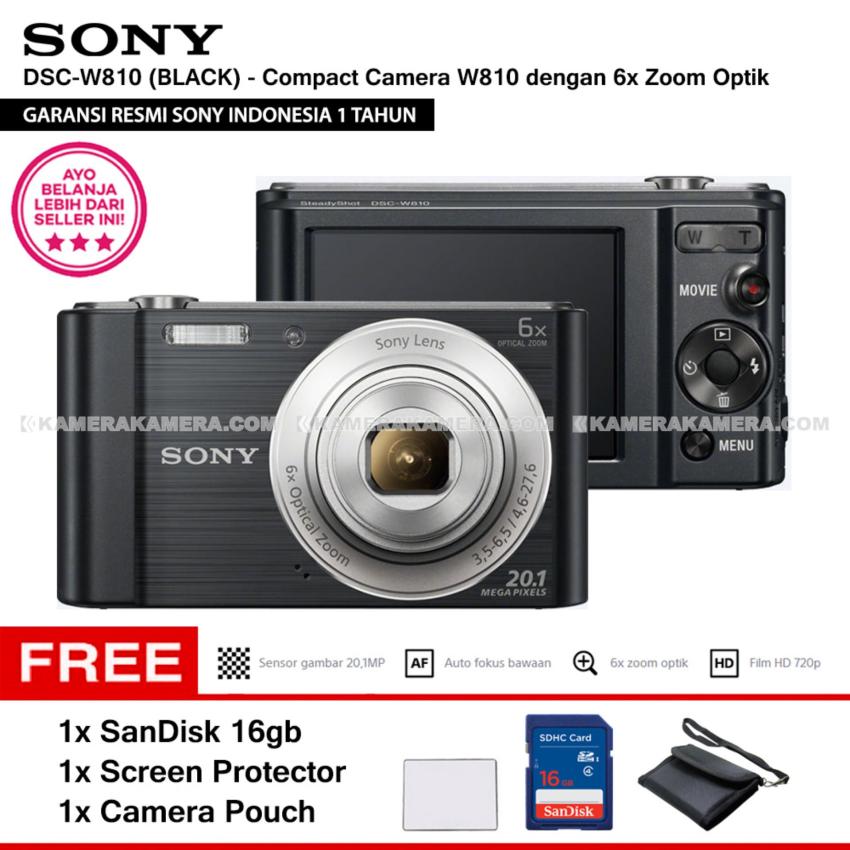 SONY Cyber-shot DSC-W810 Compact Camera W810 (BLACK) 20.1 MP 6x Optical Zoom HD Movie 720p - Resmi Sony + SanDisk 16gb + Screen Protector + Camera Pouch  