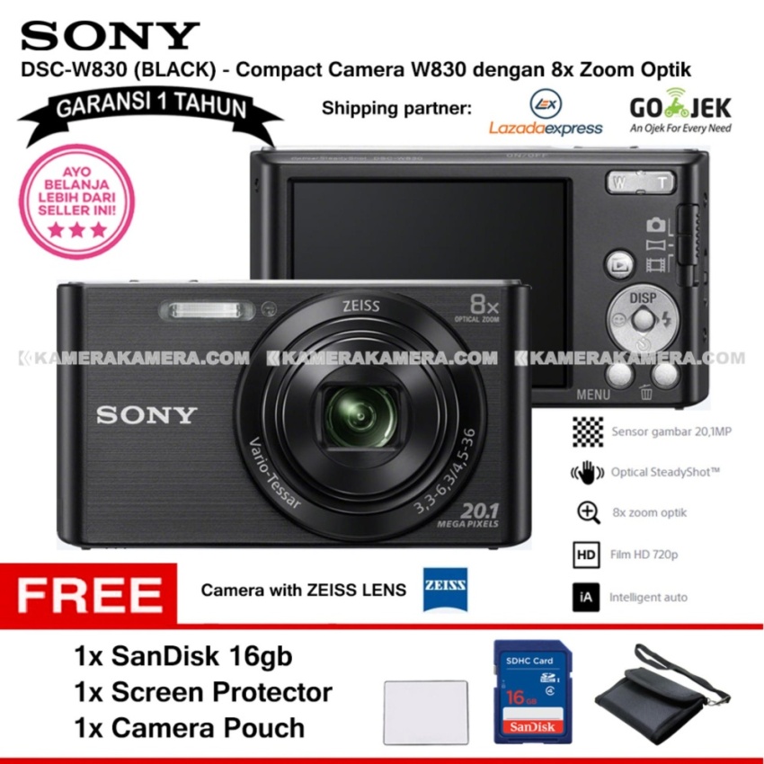 SONY Cyber-shot DSC-W830 Compact Camera W830 (BLACK) Zeiss Lens 20.1 MP 8x Optical Zoom HD Movie 720p - Garansi 1th + SanDisk 16gb + Screen Protector + Camera Pouch  