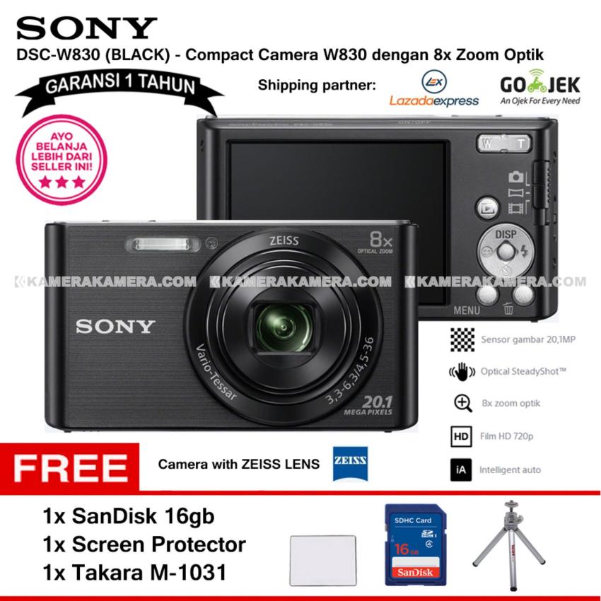 SONY Cyber-shot DSC-W830 Compact Camera W830 (BLACK) Zeiss Lens 20.1 MP 8x Optical Zoom HD Movie 720p - Garansi 1th + SanDisk 16gb + Screen Protector + Takara M-1031  