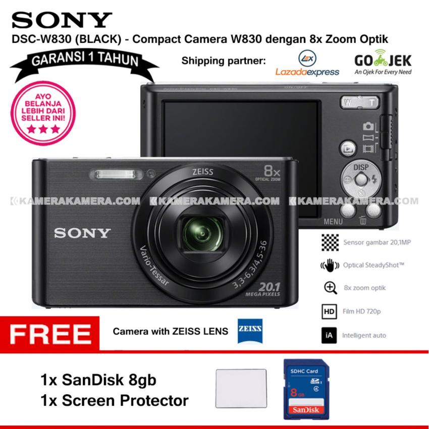SONY Cyber-shot DSC-W830 Compact Camera W830 (BLACK) Zeiss Lens 20.1 MP 8x Optical Zoom HD Movie 720p - Garansi 1th + SanDisk 8gb + Screen Protector  