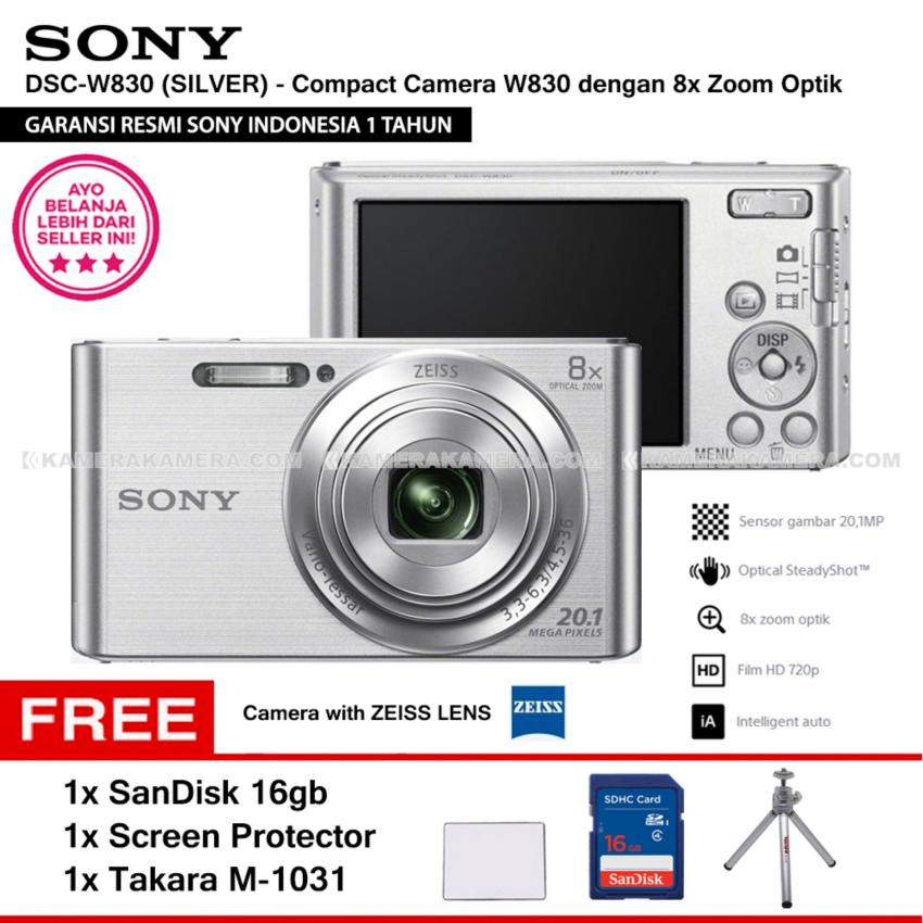 SONY Cyber-shot DSC-W830 Compact Camera W830 (SILVER) Zeiss Lens 20.1 MP 8x Optical Zoom HD Movie 720p - Resmi Sony + SanDisk 16gb + Screen Protector + Takara M-1031  