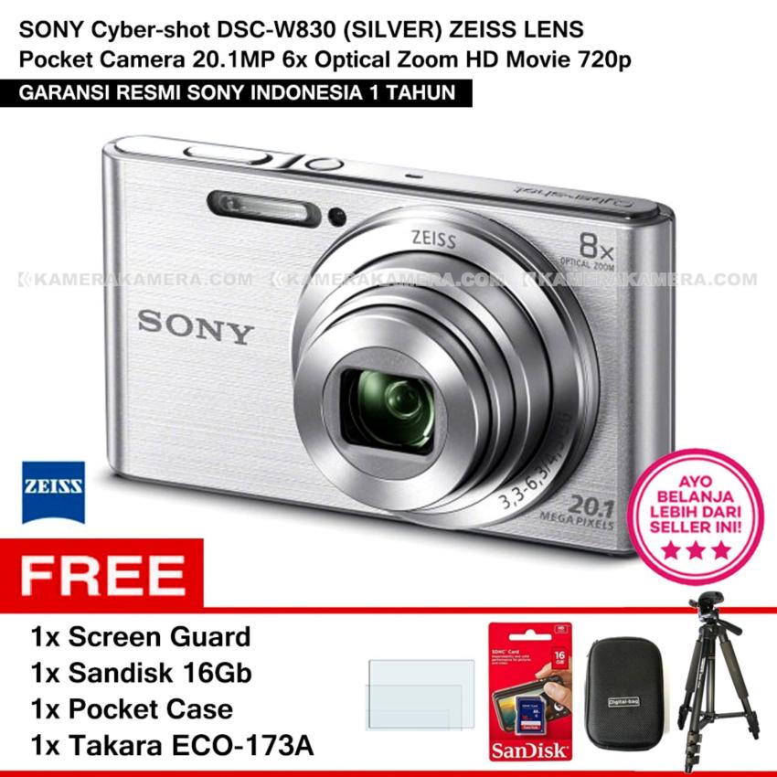 Sony Cyber-Shot Dsc-W830 (Silver) Zeiss Lens Pocket Camera 20.1Mp 8X Optical Zoom Hd Movie 720P + Screen Guard + Sandisk 16Gb + Pocket Case + Takara ECO-173A  