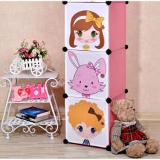 Eigia Lemari Baju Plastik DIY 3 Pintu Anak Banyak Slot Tempat Pakaian Celana Sepatu Barang Aksesoris Ring Besi Anti Karat Kokoh Kuat Cabinet Bongkar Pasang Motif Boneka Kartun Lucu Portable Cute Design s7012 - Multicolor