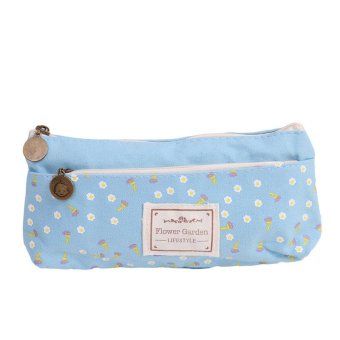 Hanyu Canvas Pencil Box Double Zipper Pen Bags Storage Pouch Blue