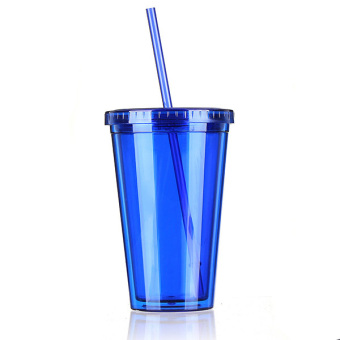 500mL Plastic Drinks Cup Liquid Beaker Lid + Straw for Party Iced Coffee Juice Blue