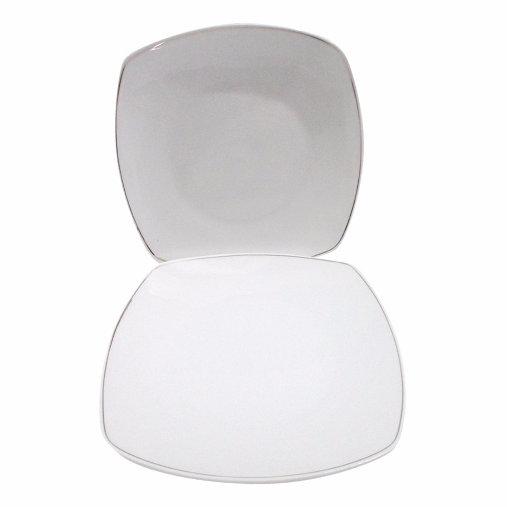 Mitra Loka Dinner Plate Piring Makan Keramik Square Plate 10.75 Lis Emas Set 2Pieces / Piring Keramik / Piring Ceper / Putih Polos / Peralatan Makan