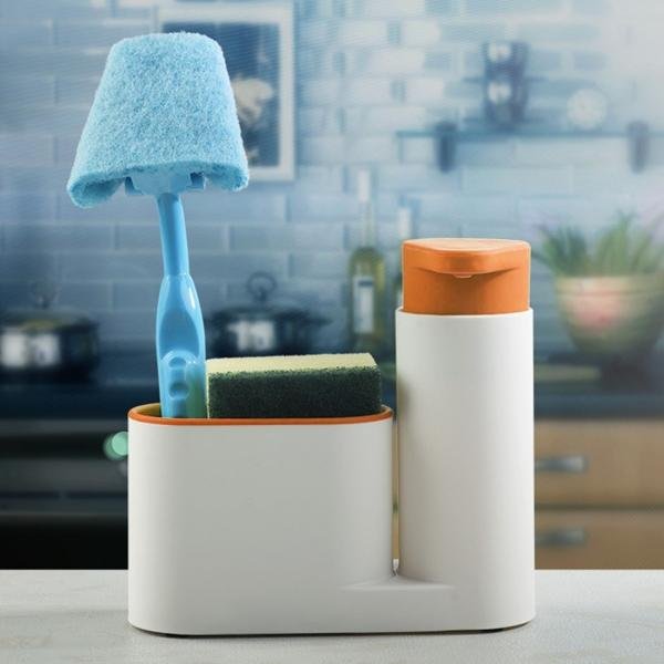 Multifungsi Kamar Mandi Dapur Sink Tidy Organizer Kosmetik Penyimpanan Kotak + 450 Ml Sabun Cair Dispenser Hand Wash Pembersih Tubuh Lotion Shampoo Botol (Orange) -Intl