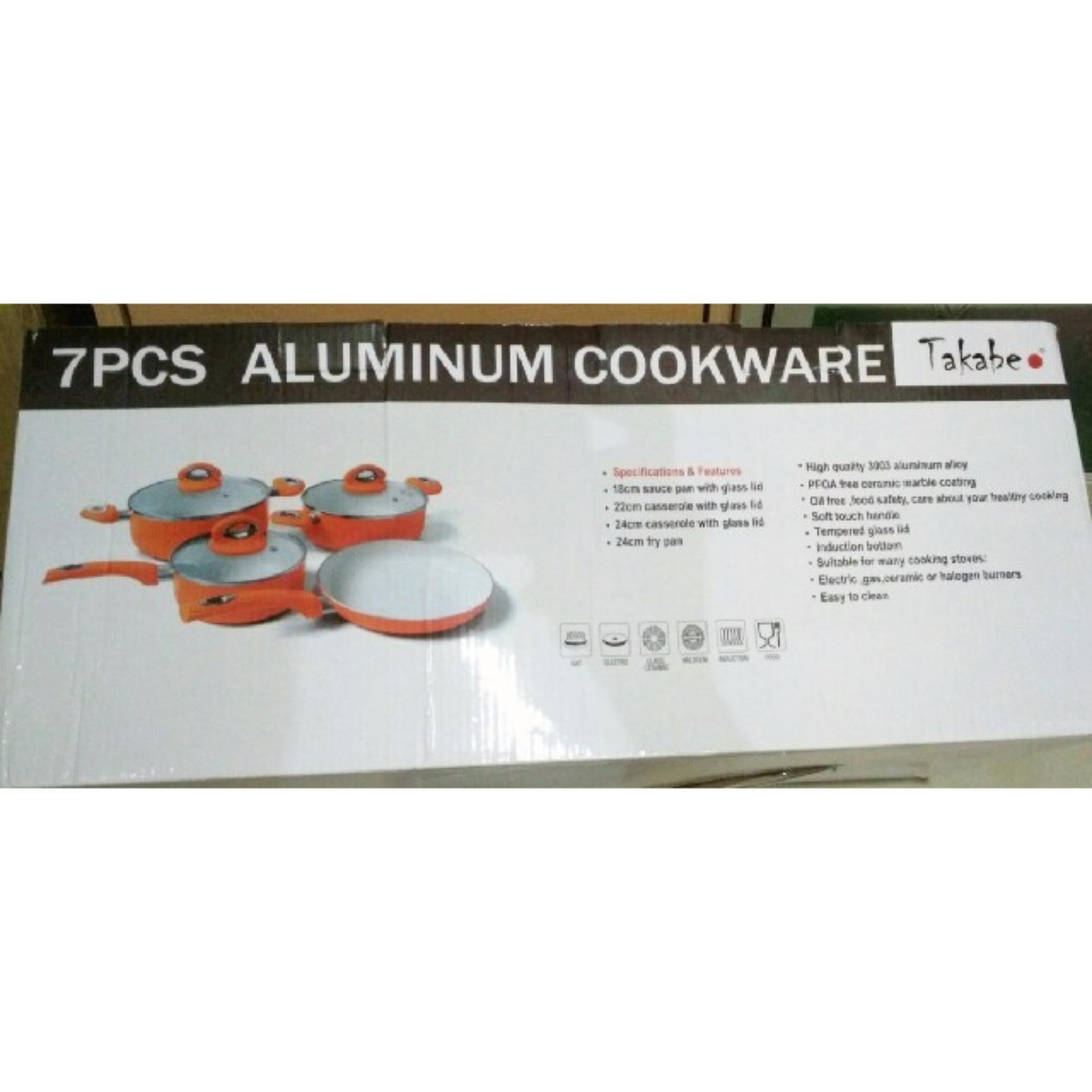 Panci Set 7 pcs  Takabe Aluminium Cookware Dilengkapi Tutup Kaca- Orange