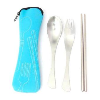 Set Perlengkapan Makan Sendok Garpu Sumpit Travel Camping Piknik - Biru