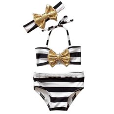 Fashion Bayi Girls Tankini Bikini Swimwear Set Bentuk Klasik Gaya Pola Stripe Hitam dan Putih Tanpa Lengan Atas Bawah Split Swimsuit Beachwear Bathing Suit dengan Cute Wrap Headhand untuk 2-3 Tahun Anak Ukuran M-Intl